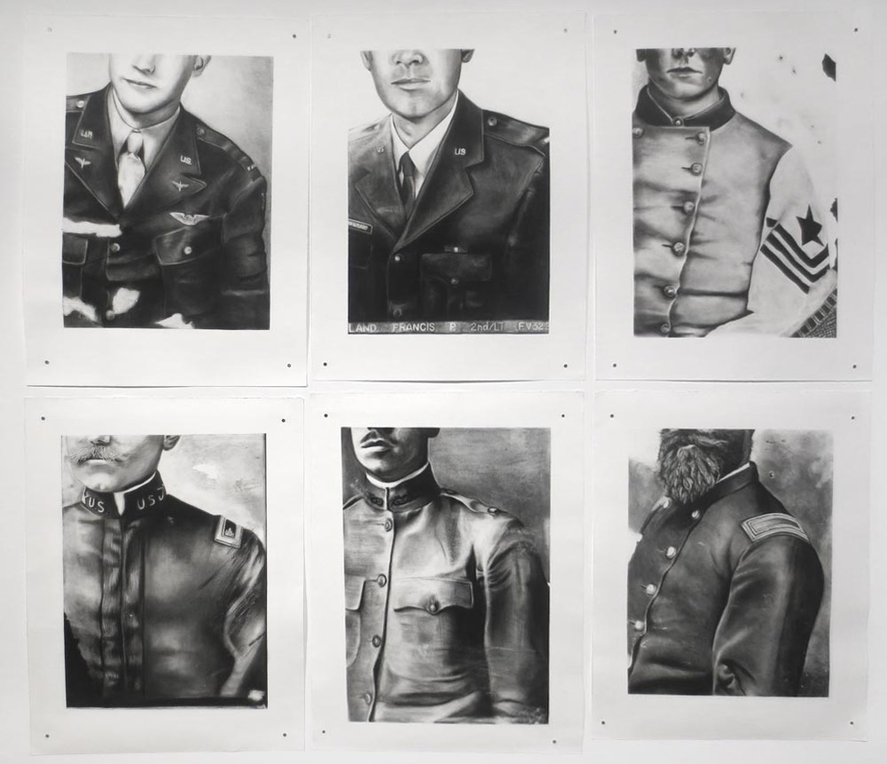 6 charcoal drawings of lieutenants hung on a wall